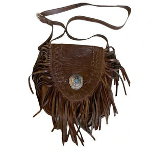 American West Brown Leather Fringe Crossbody Bag with Turquoise Concho
